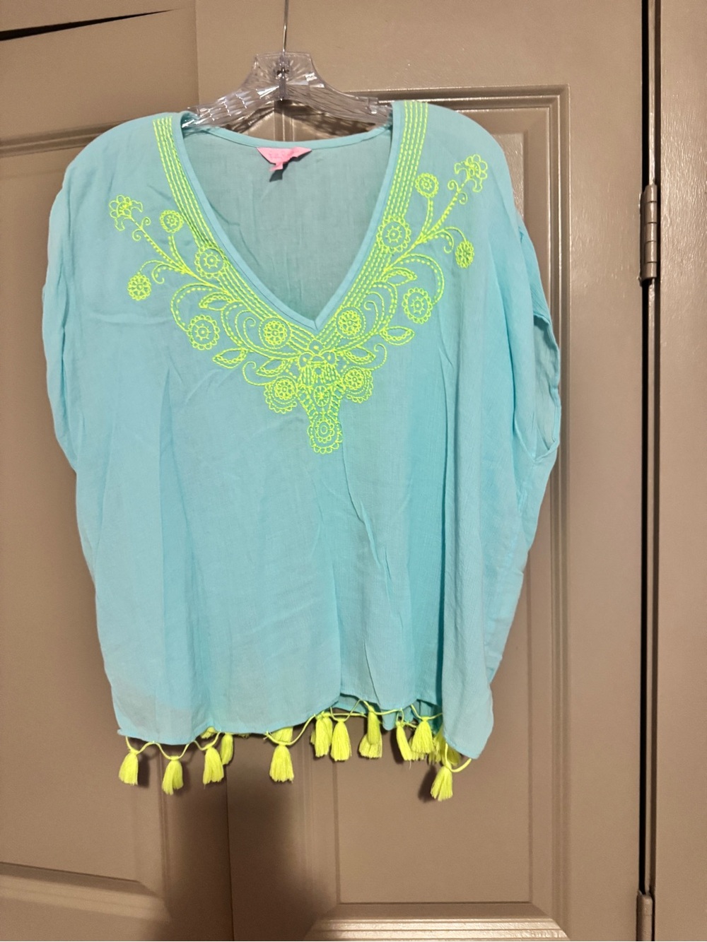 Lilly Pulitzer Turquoise V-Neck Tunic with Neon Yellow-Green Embroidery